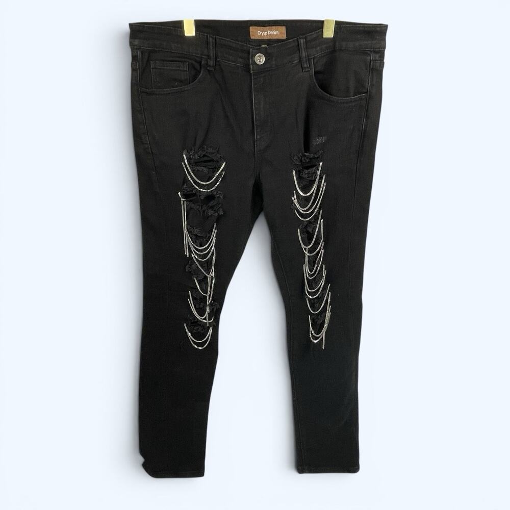 Crysp Denim Black Distressed Silver Chain Men's Jeans 36x33 (38x33)